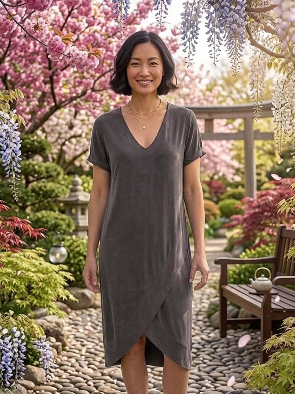 Dolan | Anthropologie | Cupro Deep V-Neck Short Sleeve MIDI Dress | See Measurem